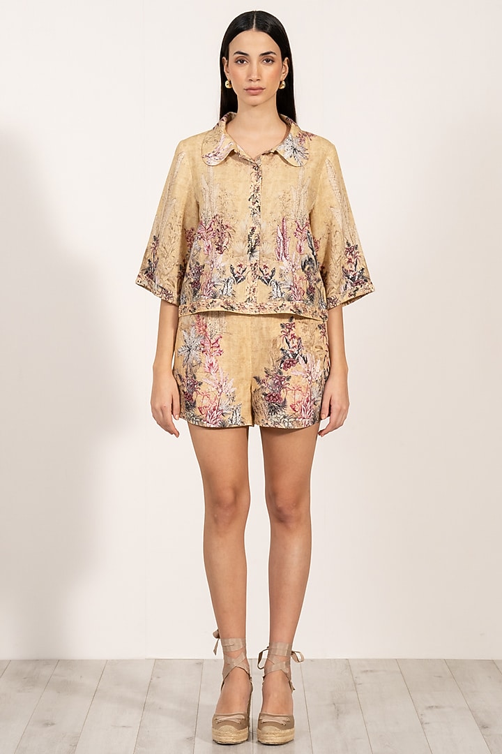 Gold Linen Viscose Printed Shorts by Ranna Gill at Pernia's Pop Up Shop