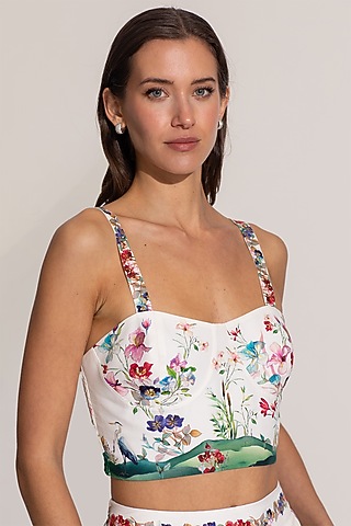 Ivory Cotton Floral Printed Bustier by Ranna Gill