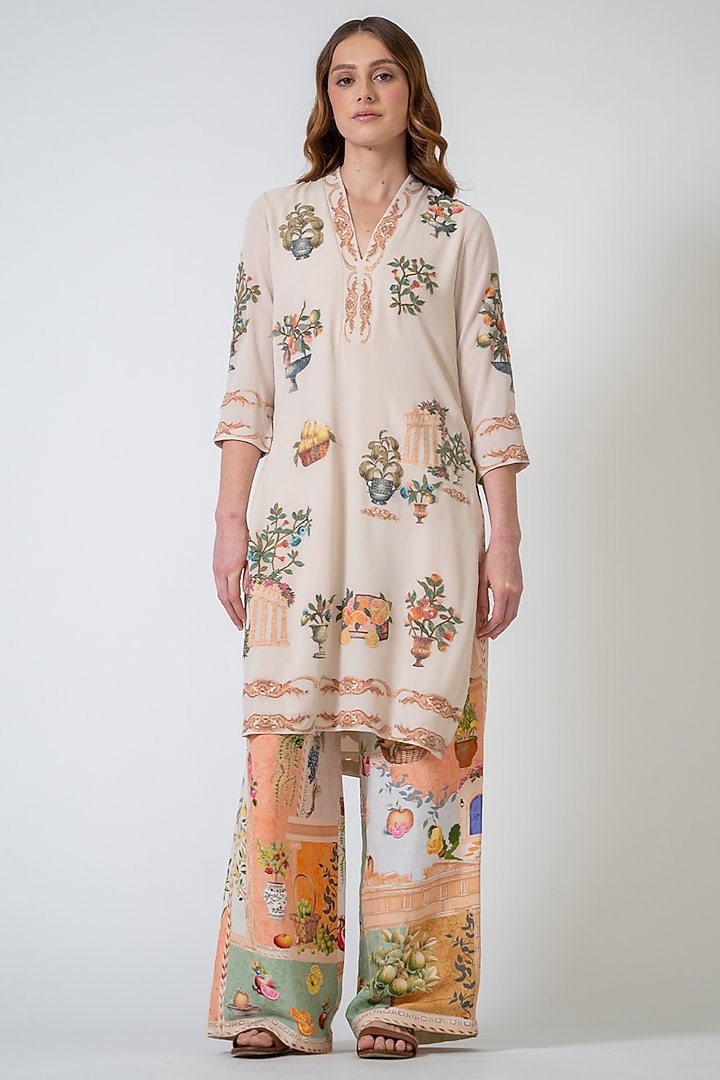 Beige China Georgette Printed Tunic by Ranna Gill at Pernia's Pop Up Shop