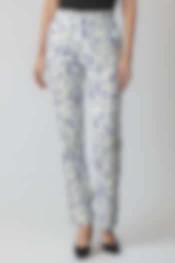 White & Blue Viscose Linen Floral Printed Pants by Ranna Gill at Pernia's Pop Up Shop
