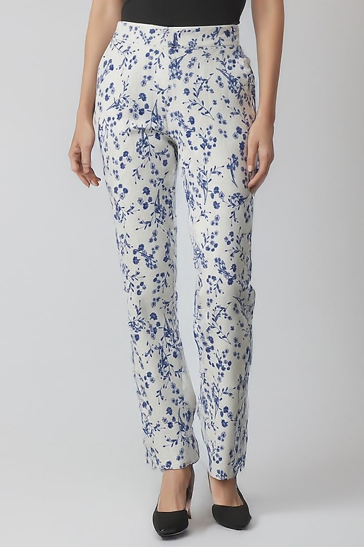 White & Blue Viscose Linen Floral Printed Pants by Ranna Gill at Pernia's Pop Up Shop