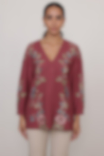 Rust Red China Crinkle Floral Printed & Embroidered Blouse by Ranna Gill at Pernia's Pop Up Shop