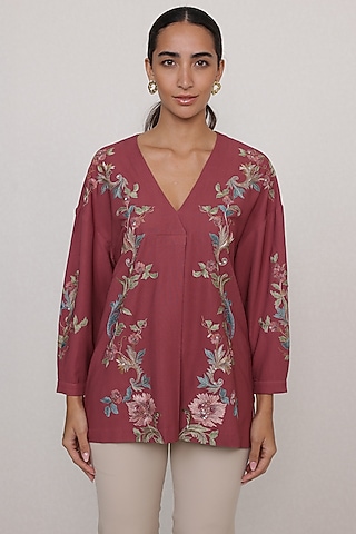 Rust Red China Crinkle Floral Printed & Embroidered Blouse by Ranna Gill