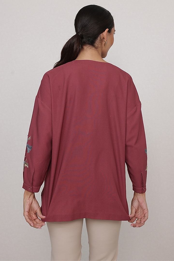 Rust Red China Crinkle Floral Printed & Embroidered Blouse by Ranna Gill at Pernia's Pop Up Shop