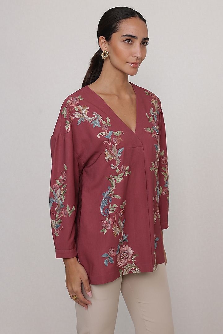 Rust Red China Crinkle Floral Printed & Embroidered Blouse by Ranna Gill at Pernia's Pop Up Shop