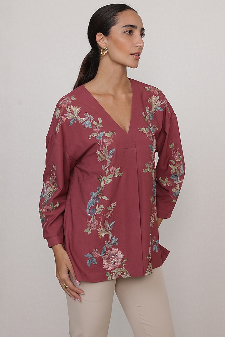 Rust Red China Crinkle Floral Printed & Embroidered Blouse by Ranna Gill at Pernia's Pop Up Shop