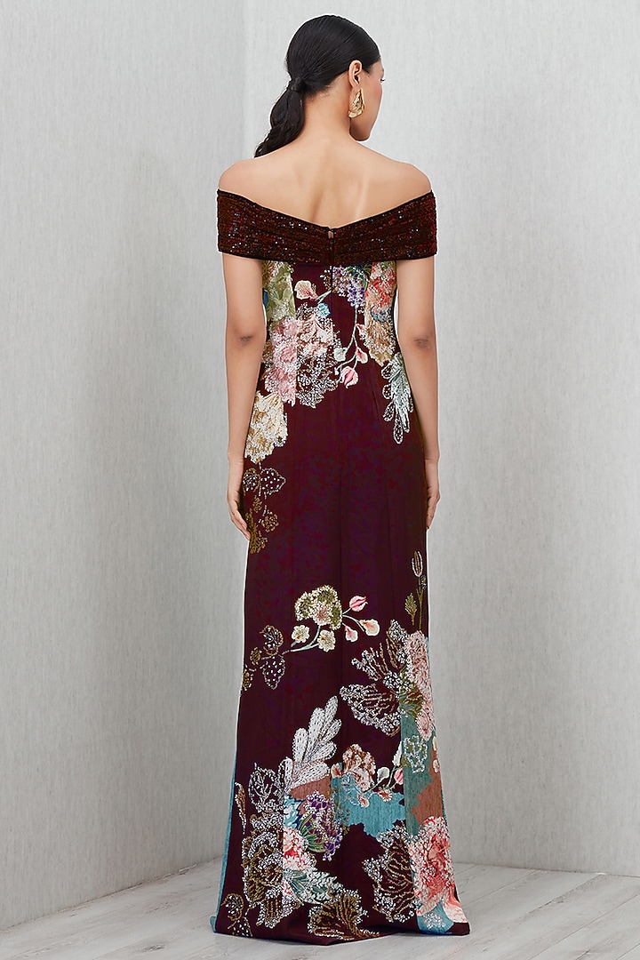 Wine Crepe Blend Floral Printed Off-Shoulder Engagement Gown by Ranna Gill at Pernia's Pop Up Shop