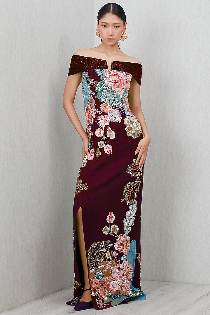 Wine Crepe Blend Floral Printed Off-Shoulder Engagement Gown by Ranna Gill at Pernia's Pop Up Shop