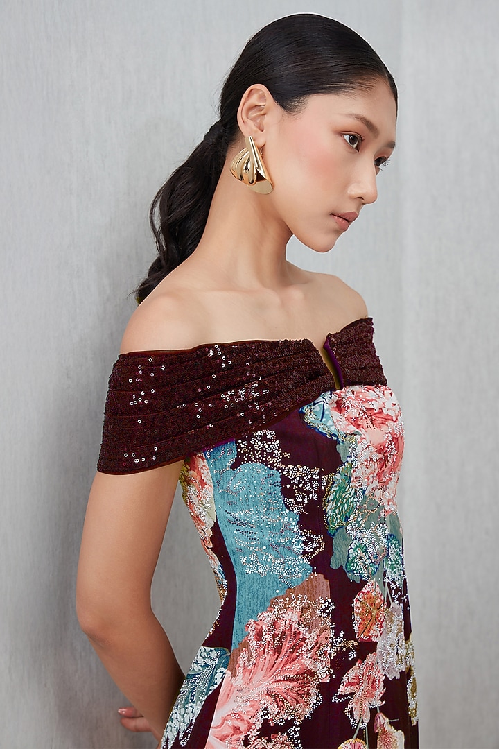 Wine Crepe Blend Floral Printed Off-Shoulder Engagement Gown by Ranna Gill at Pernia's Pop Up Shop