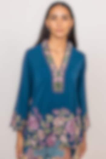 Blue Stella Crepe Printed & Embroidered Blouse by Ranna Gill at Pernia's Pop Up Shop