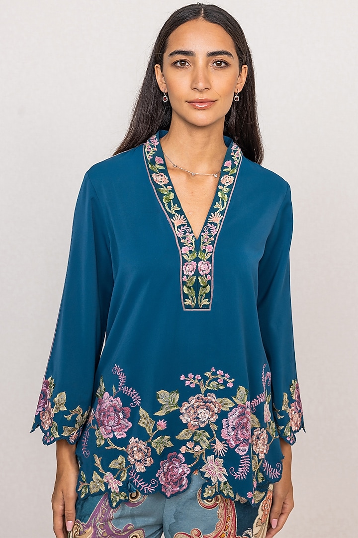 Blue Stella Crepe Printed & Embroidered Blouse by Ranna Gill at Pernia's Pop Up Shop