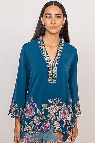 Blue Stella Crepe Printed & Embroidered Blouse by Ranna Gill