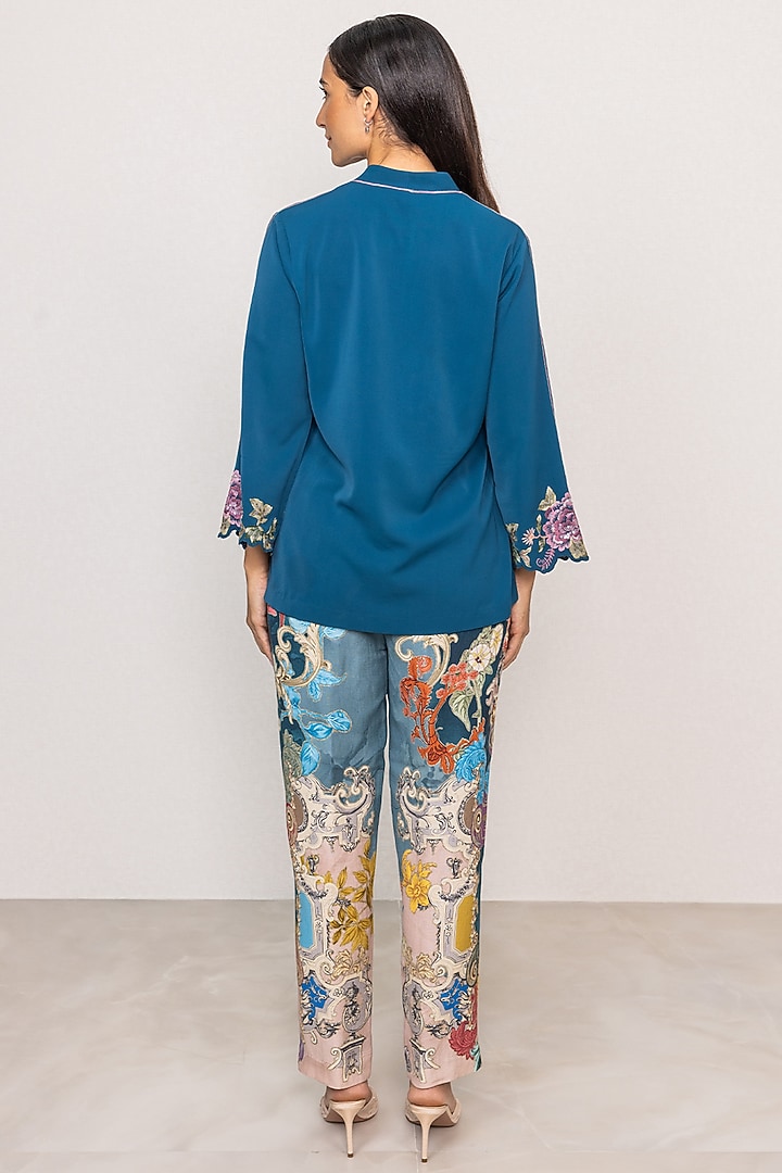 Blue Stella Crepe Printed & Embroidered Blouse by Ranna Gill at Pernia's Pop Up Shop