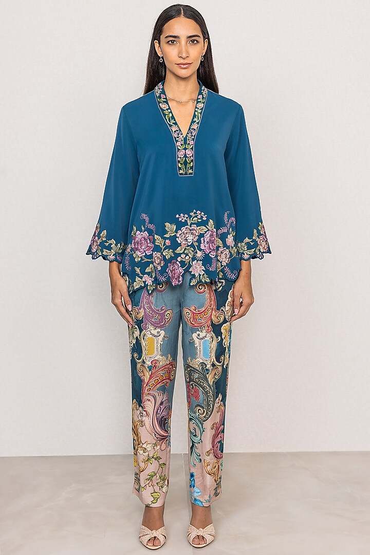 Blue Stella Crepe Printed & Embroidered Blouse by Ranna Gill at Pernia's Pop Up Shop