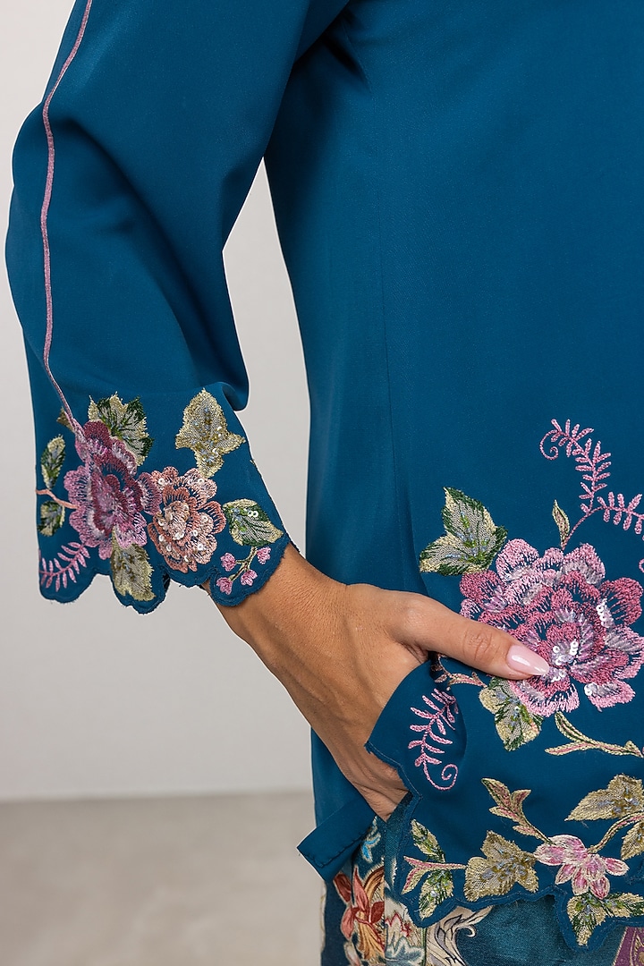 Blue Stella Crepe Printed & Embroidered Blouse by Ranna Gill at Pernia's Pop Up Shop