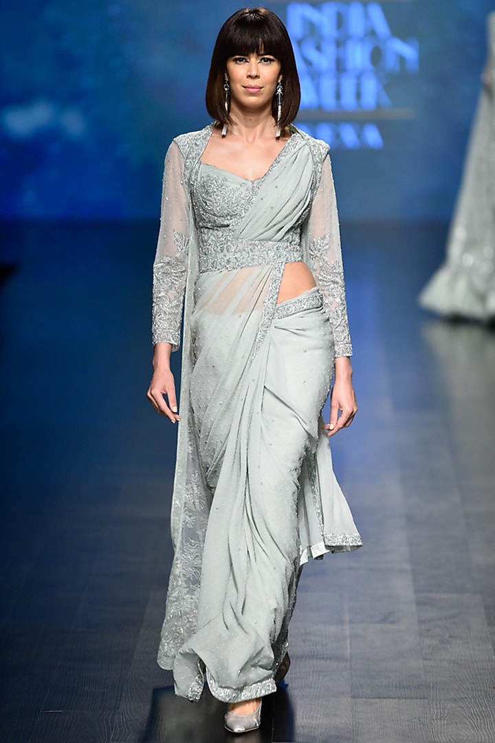 Aqua blue embroidered saree with blouse and cape set available only at Pernia's Pop Up Shop.