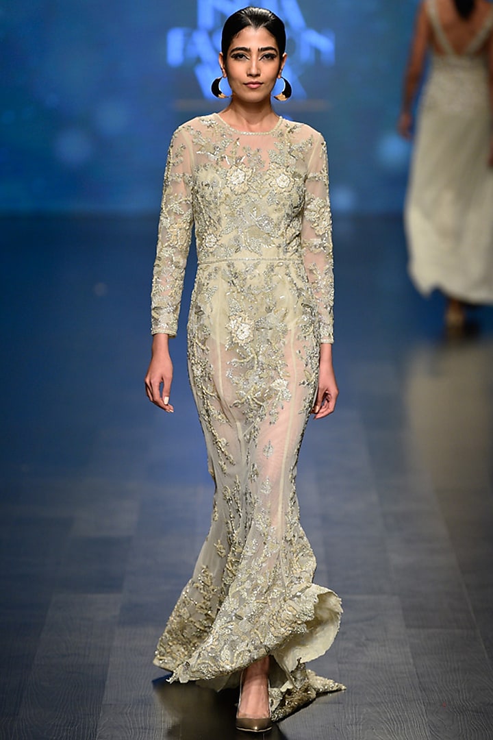 Pale Gold Beads and Sequins Embroidered Gown with Bodysuit by Rabani & Rakha
