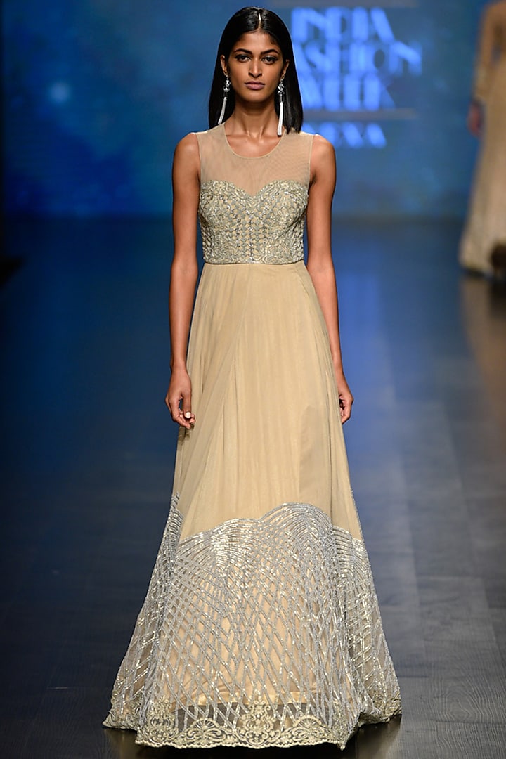 Gold Beads and Sequins Embroidered Gown by Rabani & Rakha