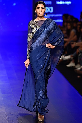 Blue Chiffon Sequins Embroidered Saree Set by rabani & rakha