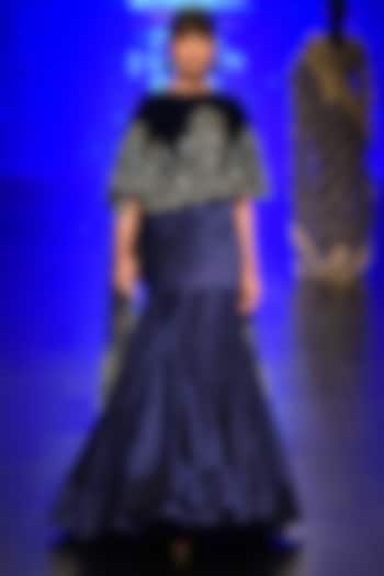 Blue embroidered asymmetric cape and yoke skirt available only at Pernia's Pop Up Shop.