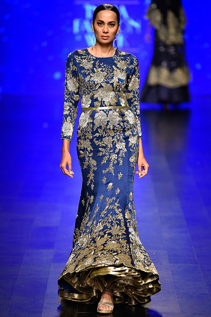 Blue Embroidered Trail Gown by Rabani & Rakha