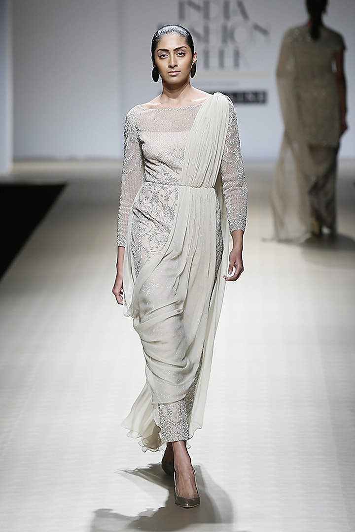 Sand Color Embroidered Jumpsuit with Attached Drape by Rabani & Rakha