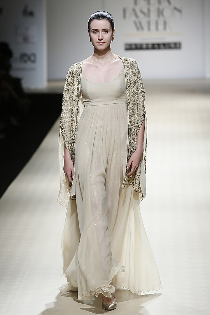 Sand Color Embroidered Gown, Trouser and Jacket Set by Rabani & Rakha