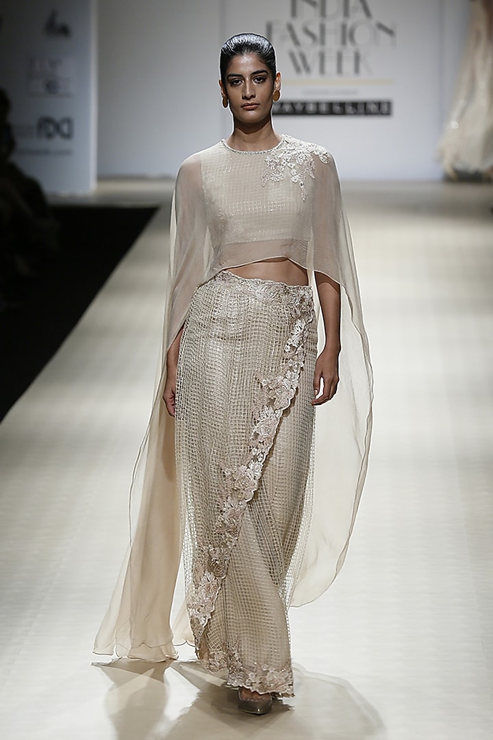 Sand Color Embroidered A Line Skirt, Cape and Blouse Set by Rabani & Rakha