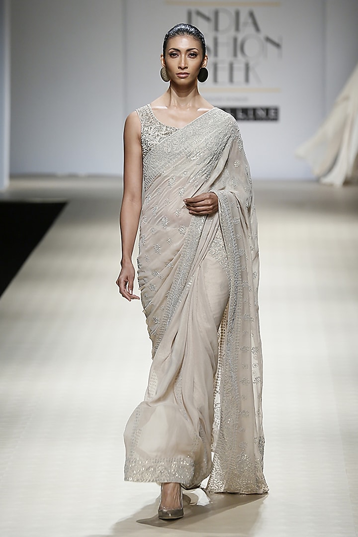 Sand Color Chiffon Silver Foil Work Saree Set by Rabani & Rakha