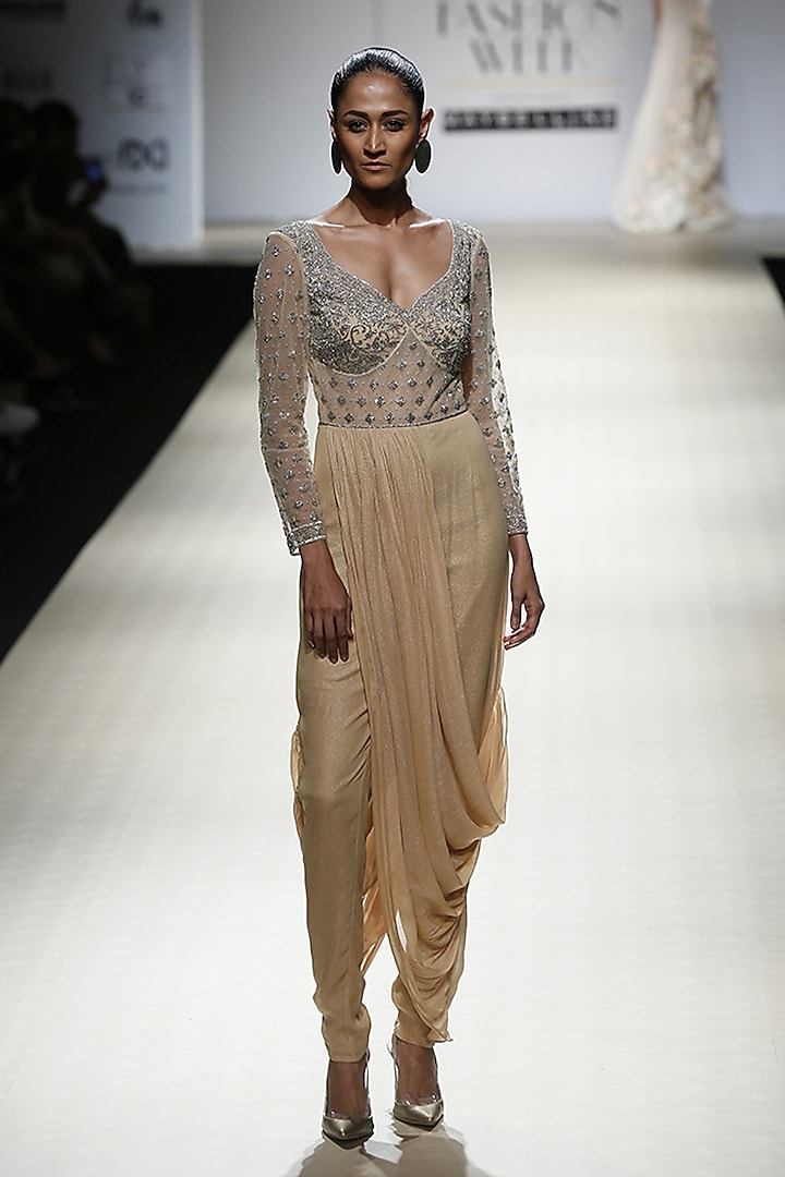 Honey Color and Silver Foil Embroidered Blouse and Dhoti Drape Trouser Gown Set by Rabani & Rakha