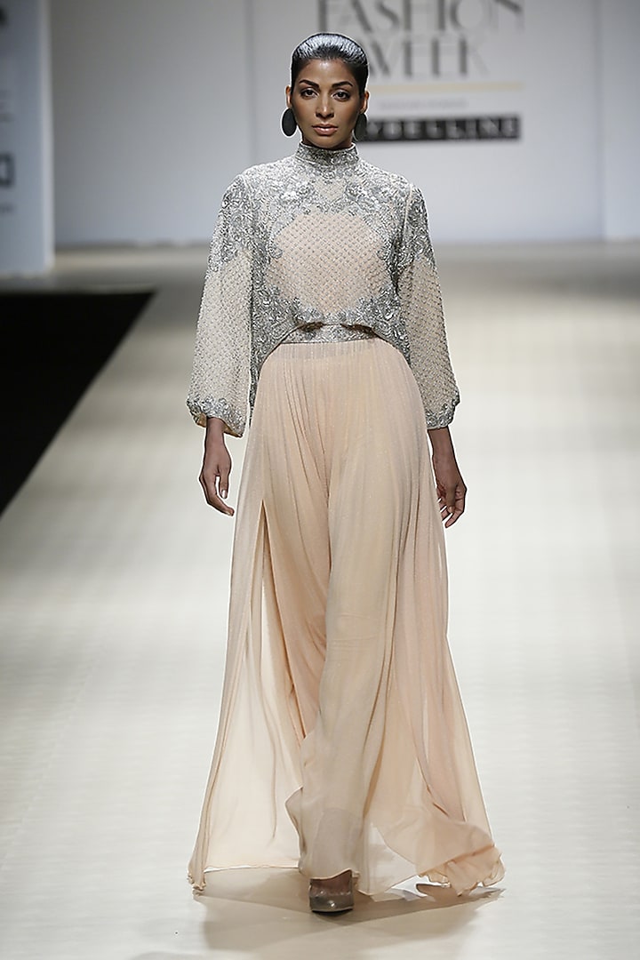 Honey Color and Silver Foil Embroidered Cape, Gown and Trouser Pants by Rabani & Rakha