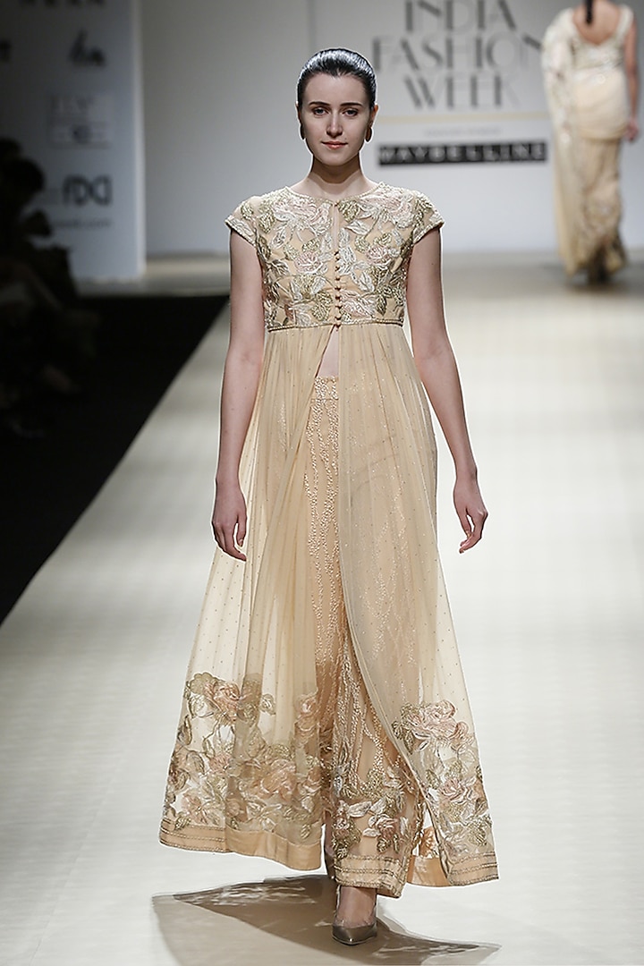 Honey Color Beads Embroidered Roughed Gown and Trouser Pants Set by Rabani & Rakha