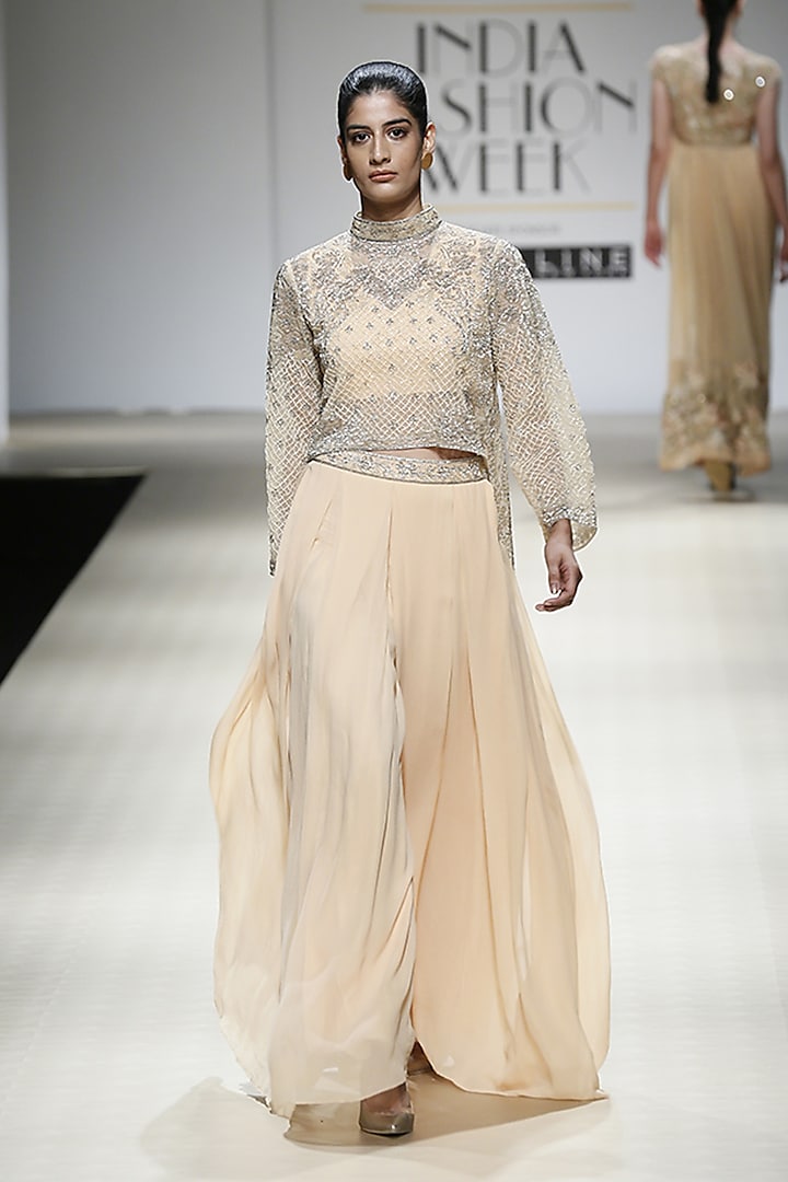 Honey Color Beads Embroidered Cape, Top and Pants Set by Rabani & Rakha