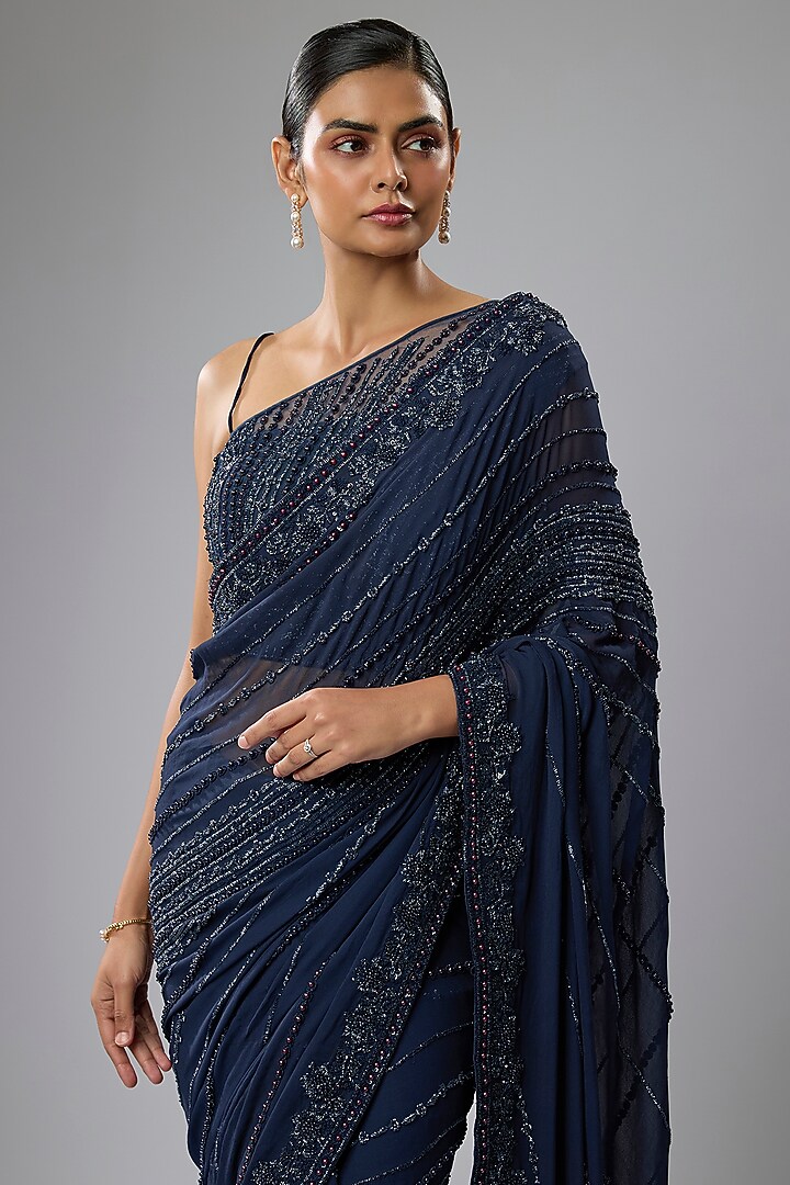 Blue Georgette Hand Embroidered Reception Saree Set by Rabani & Rakha at Pernia's Pop Up Shop