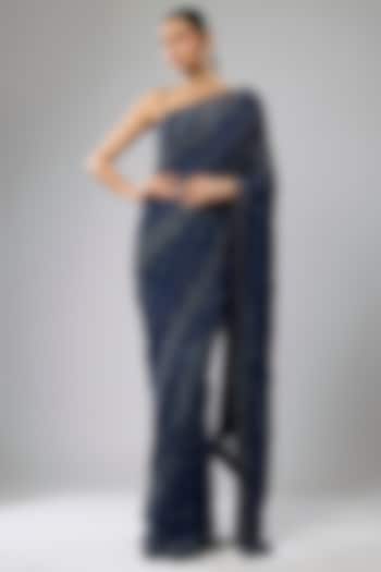 Blue Georgette Hand Embroidered Reception Saree Set by Rabani & Rakha at Pernia's Pop Up Shop