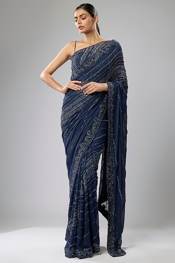 Blue Georgette Hand Embroidered Reception Saree Set by Rabani & Rakha at Pernia's Pop Up Shop