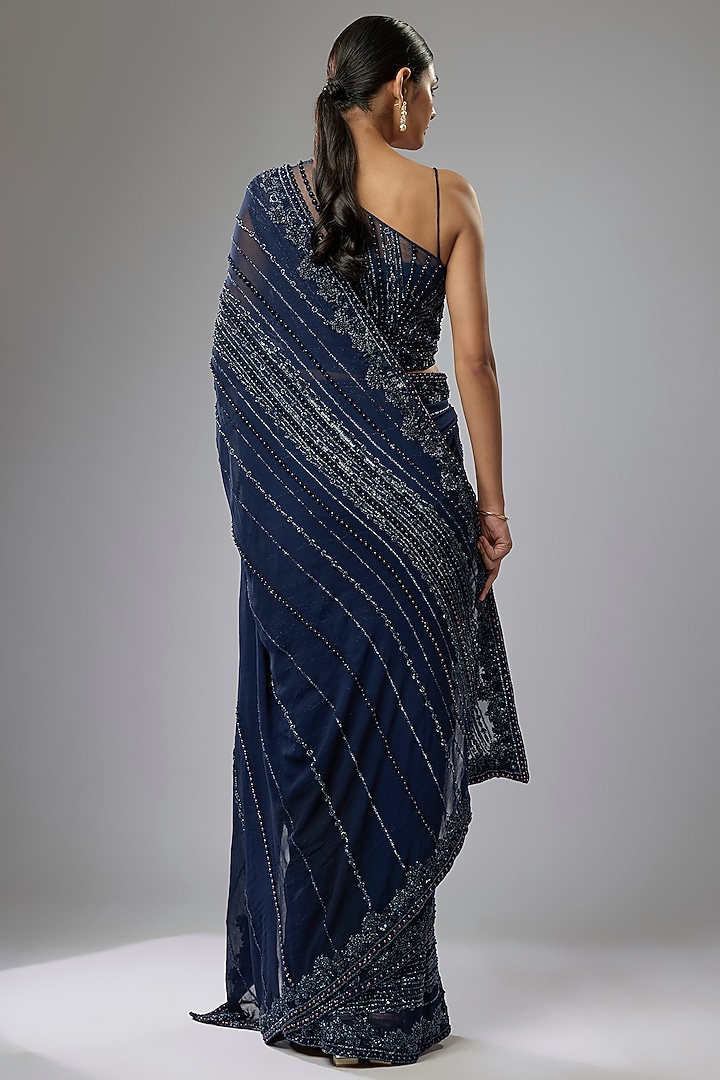 Blue Georgette Hand Embroidered Reception Saree Set by Rabani & Rakha at Pernia's Pop Up Shop