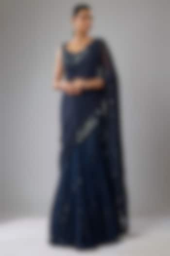 Blue Net & Georgette Sequins Embroidered Draped Bridal Lehenga Saree Set by Rabani & Rakha at Pernia's Pop Up Shop