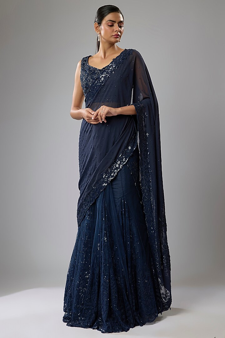 Blue Net & Georgette Sequins Embroidered Draped Bridal Lehenga Saree Set by Rabani & Rakha at Pernia's Pop Up Shop