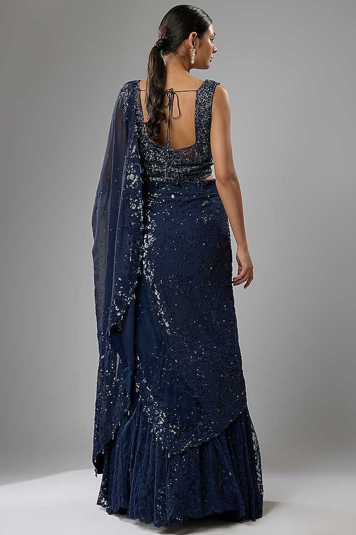 Blue Net & Georgette Sequins Embroidered Draped Bridal Lehenga Saree Set by Rabani & Rakha at Pernia's Pop Up Shop