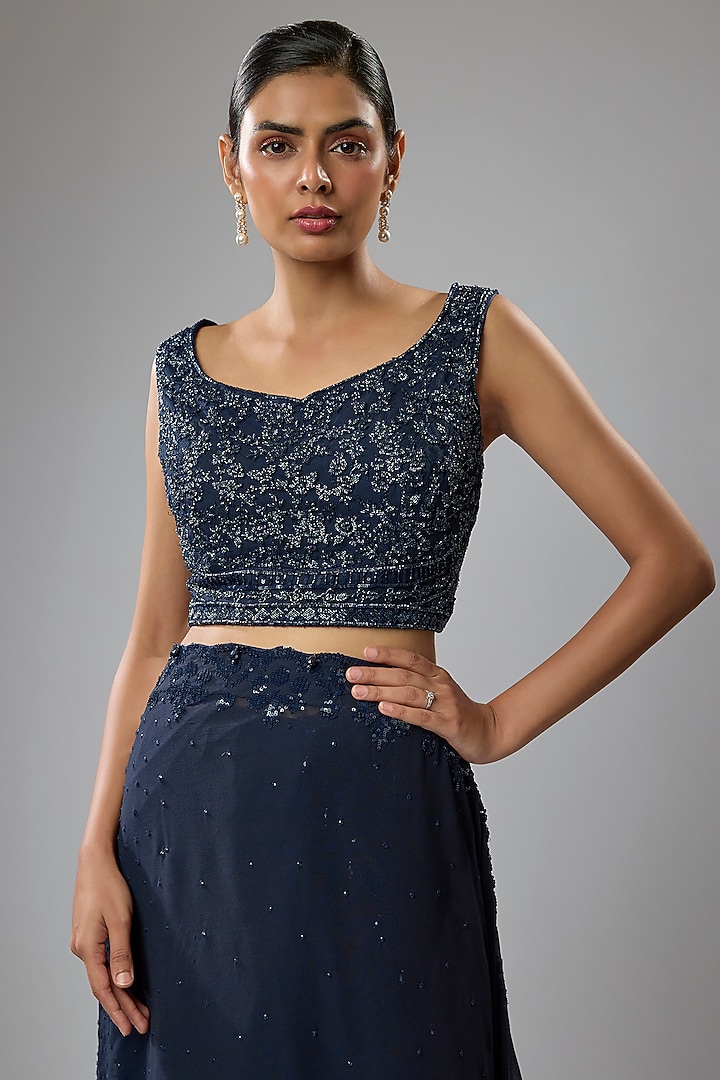 Blue Net & Georgette Sequins Embroidered Draped Bridal Lehenga Saree Set by Rabani & Rakha at Pernia's Pop Up Shop