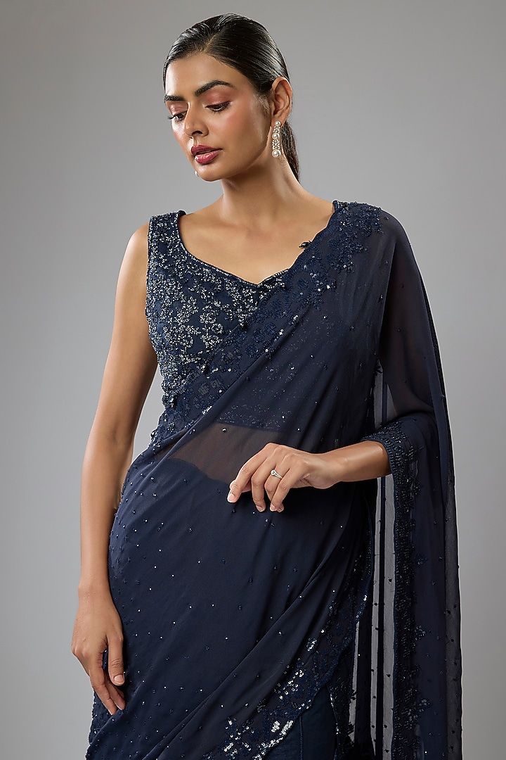Blue Net & Georgette Sequins Embroidered Draped Bridal Lehenga Saree Set by Rabani & Rakha at Pernia's Pop Up Shop