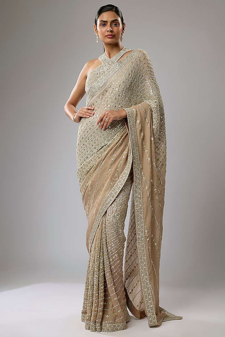 Gold Shaded Georgette Hand Embroidered Reception Saree Set by Rabani & Rakha at Pernia's Pop Up Shop