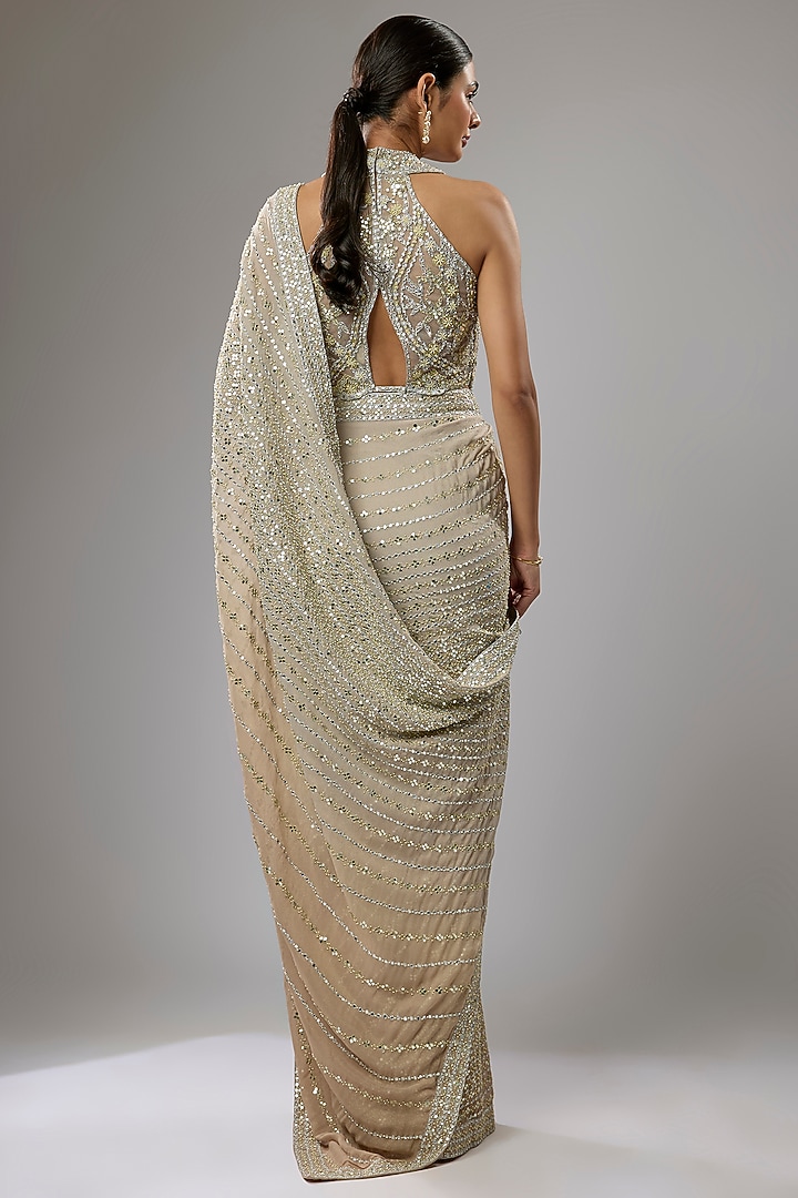 Gold Shaded Georgette Hand Embroidered Reception Saree Set by Rabani & Rakha at Pernia's Pop Up Shop