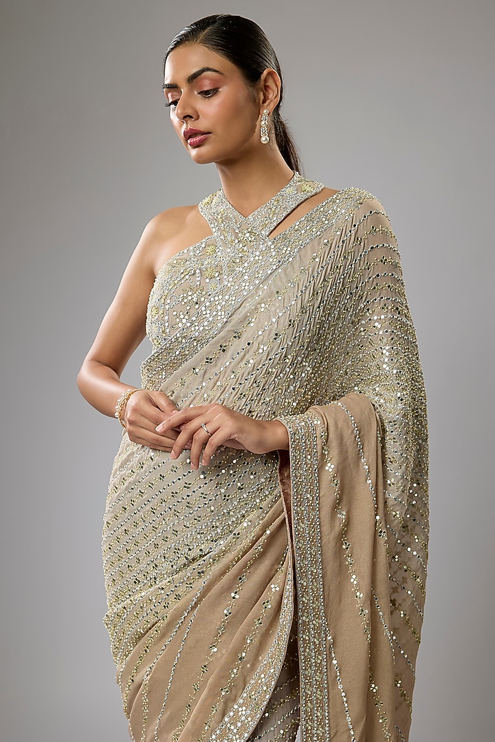 Gold Shaded Georgette Hand Embroidered Reception Saree Set by Rabani & Rakha at Pernia's Pop Up Shop