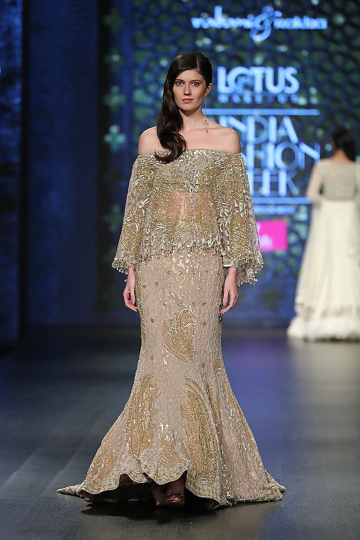 Gold Embroidered Gown With Jaal Trail by Rabani & Rakha
