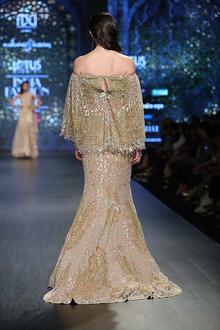 Gold Embroidered Gown With Jaal Trail Design by Rabani & Rakha at ...