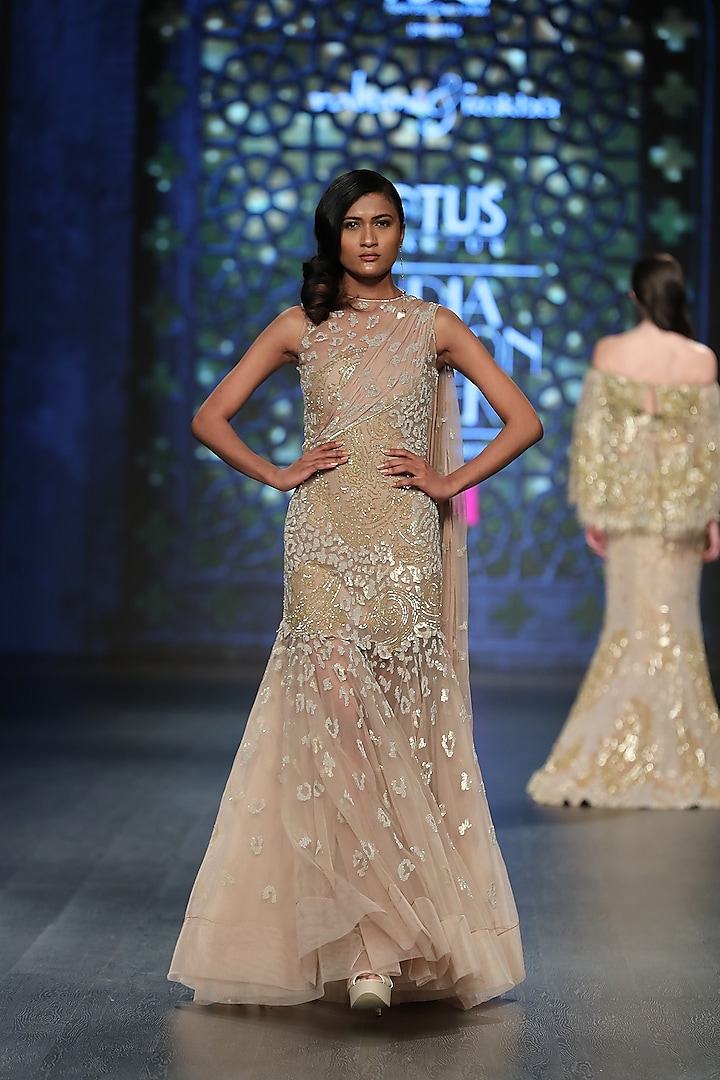 Gold Embroidered A-Line Jaal Gown by Rabani & Rakha