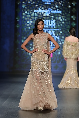 Gold Embroidered A-Line Jaal Gown by Rabani & Rakha