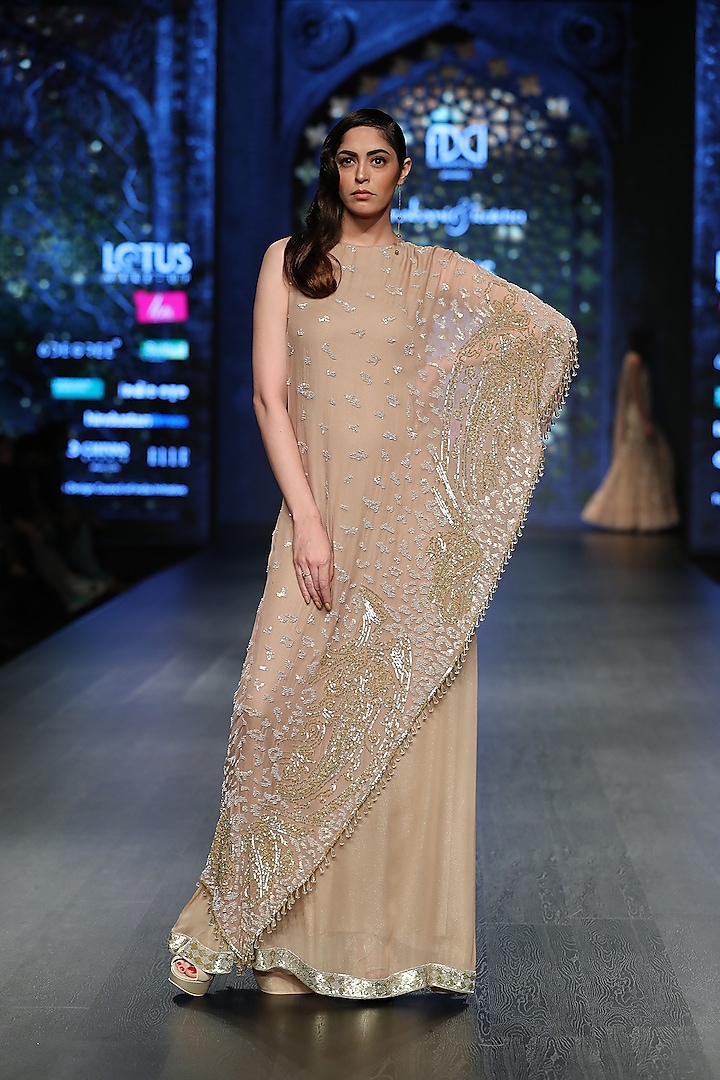 Gold Embroidered Cape Gown by Rabani & Rakha